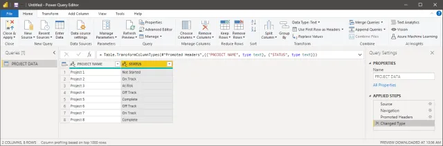 Screenshot of the query step to use the first row as headers in Power Query.