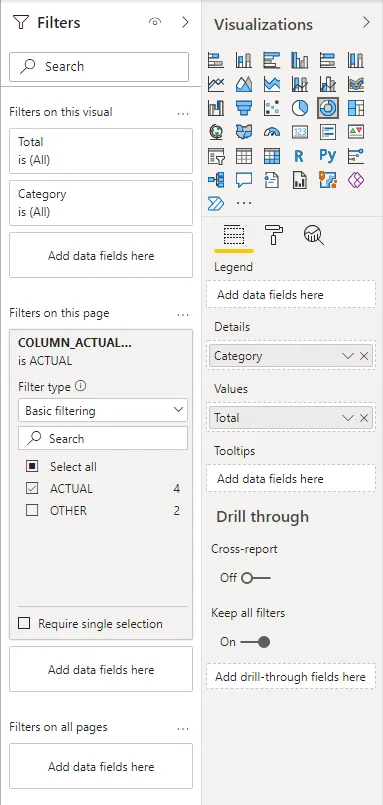 Screenshot of the donut chart configuration in Power BI.