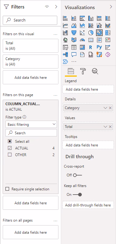 Screenshot of the Donut chart configuration in Power BI.