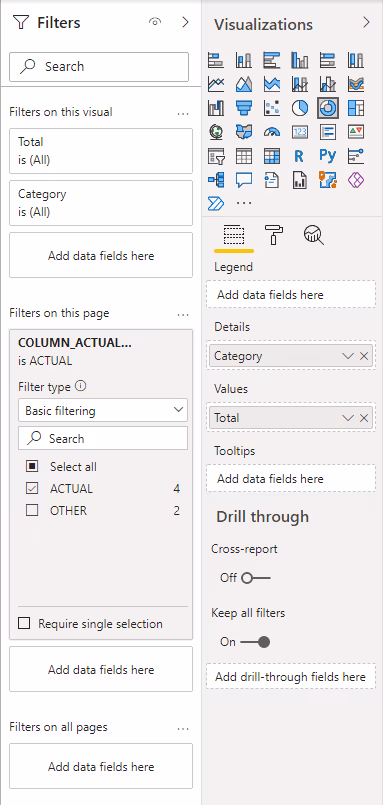 Screenshot of the donut chart configuration in Power BI.