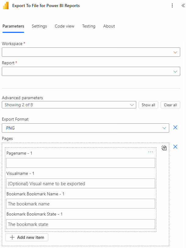 Screenshot of the Power BI export to image file action in Power Automate.