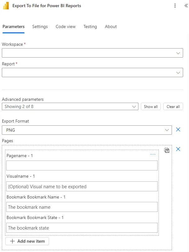 Screenshot of the Power BI export to image file action in Power Automate.