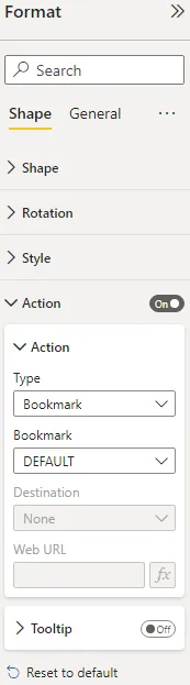 Screenshot of the format shape action configuration in Power BI.