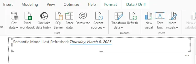 Screenshot of a Power BI report displaying the semantic model last refreshed date.