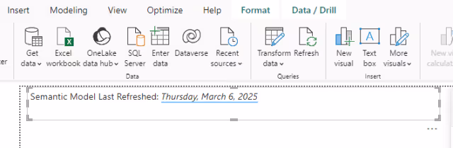 Screenshot of a Power BI report displaying the semantic model last refreshed date.