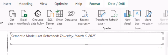 Screenshot of a Power BI report displaying the semantic model last refreshed date.
