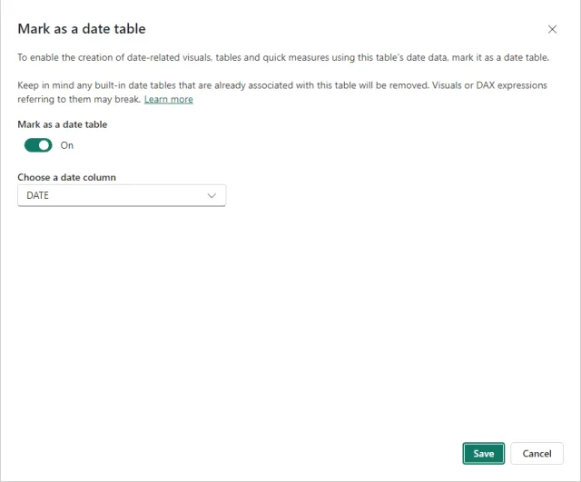 Screenshot of the 'Mark as date table' configuration in Power BI.