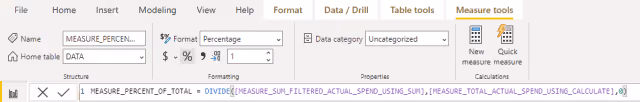 Screenshot of the measure format changed to percentage in Power BI.