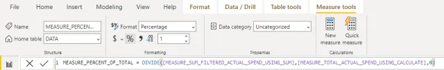 Screenshot of the measure format changed to percentage in Power BI.