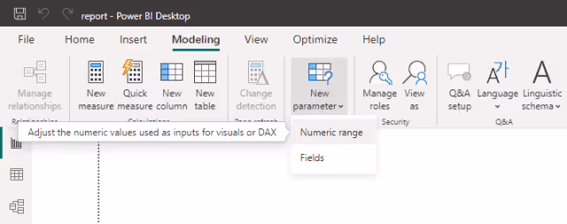 Screenshot of the 'New parameter' option within the Modeling tab in Power BI.