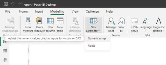 Screenshot of the 'New parameter' option within the Modeling ribbon in Power BI.