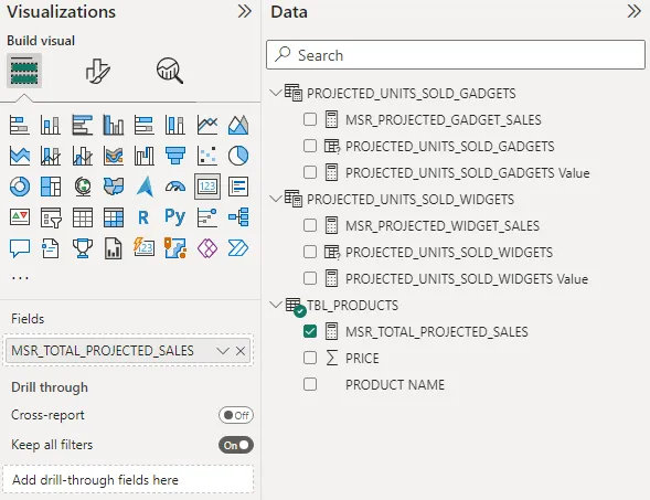 Screenshot of the card visualization configuration to display 'MSR_TOTAL_PROJECTED_SALES' in Power BI.