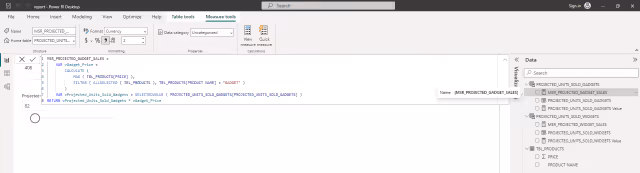 Screenshot of the 'MSR_PROJECTED_GADGET_SALES' DAX formula expression in Power BI.