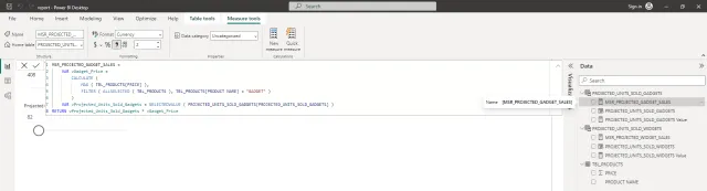 Screenshot of the 'MSR_PROJECTED_GADGET_SALES' DAX formula expression in Power BI.