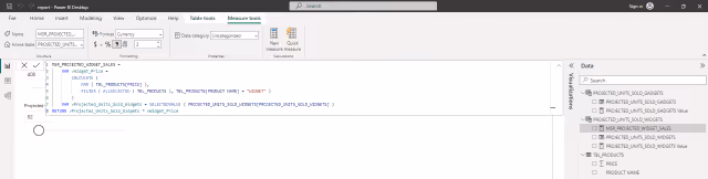 Screenshot of the 'MSR_PROJECTED_WIDGET_SALES' DAX formula expression in Power BI.