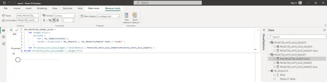 Screenshot of the 'MSR_PROJECTED_WIDGET_SALES' DAX formula expression in Power BI.