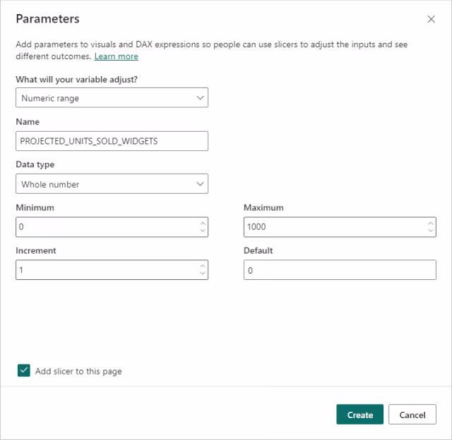 Screenshot of the 'Parameters' screen displaying the configuration settings for the 'PROJECTED_UNITS_SOLD_WIDGETS' parameter in Power BI.