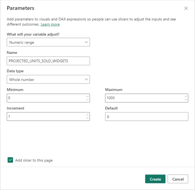 Screenshot of the 'Parameters' screen displaying the configuration settings for the 'PROJECTED_UNITS_SOLD_WIDGETS' parameter in Power BI.