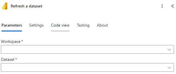 Screenshot of a Power BI Refresh a Dataset action in Power Automate.