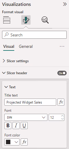 Screenshot of slicer title text configuration in Power BI.