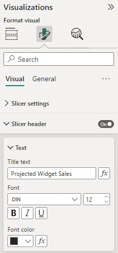 Screenshot of slicer title text configuration in Power BI.