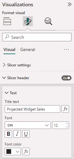 Screenshot of slicer title text configuration in Power BI.