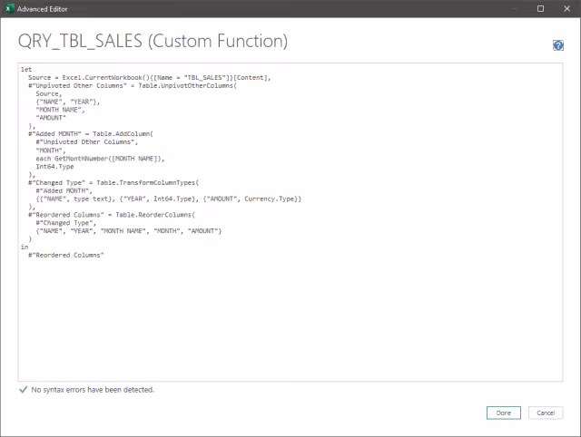 Screenshot of the Advanced Editor displaying the query using the custom mapping function.