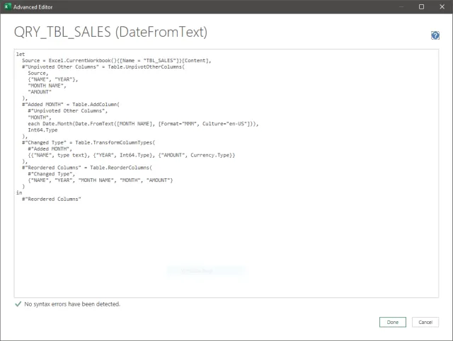 Screenshot of the Advanced Editor displaying the query using the Date.FromText Method.
