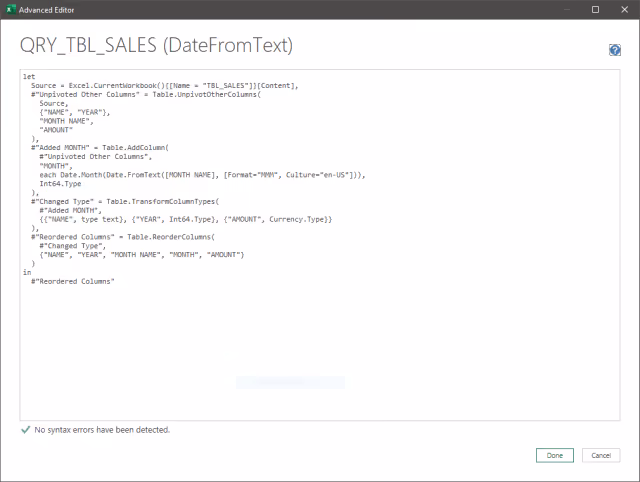 Screenshot of the Advanced Editor displaying the query using the Date.FromText Method.