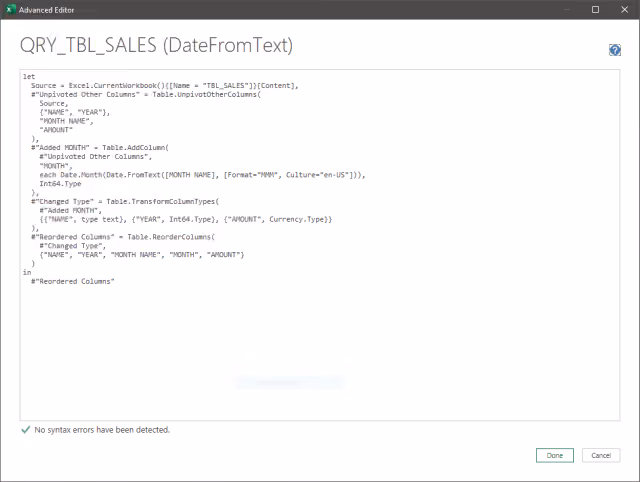 Screenshot of the Advanced Editor displaying the query using the Date.FromText Method.