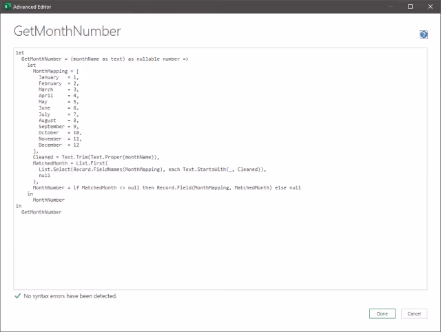 Screenshot of the Advanced Editor displaying the custom mapping function.