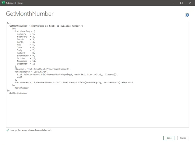 Screenshot of the Advanced Editor displaying the custom function.