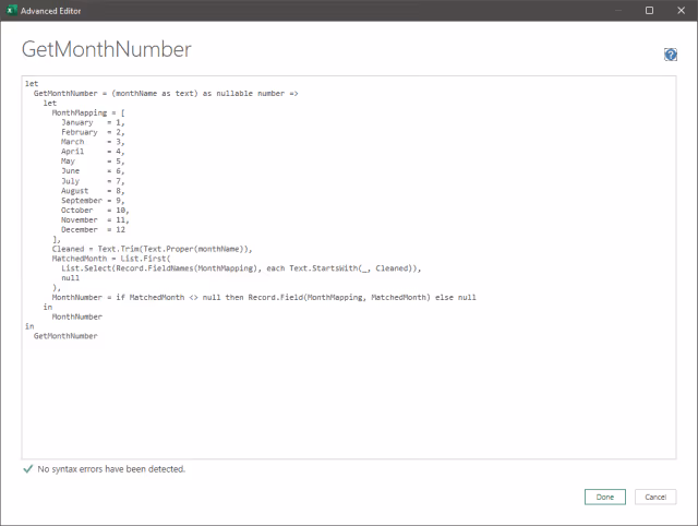 Screenshot of the Advanced Editor displaying the custom function.