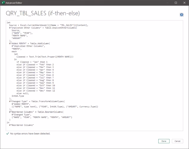 Screenshot of the Advanced Editor displaying the query using the if-then-else Method.