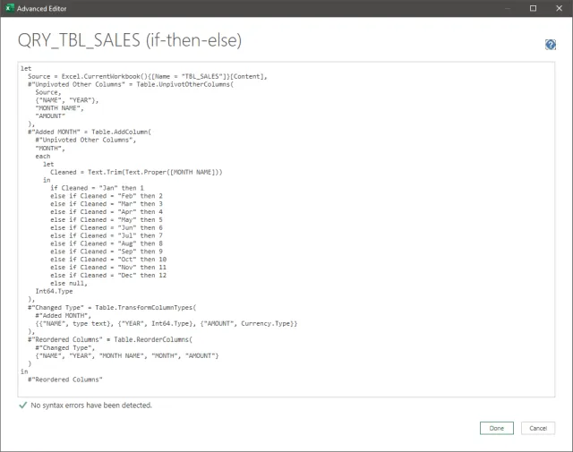 Screenshot of the Advanced Editor displaying the query using the if-then-else Method.
