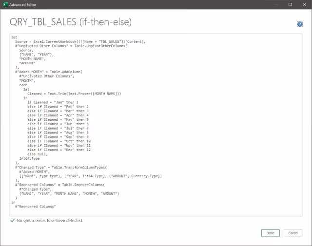 Screenshot of the Advanced Editor displaying the query using the if-then-else Method.