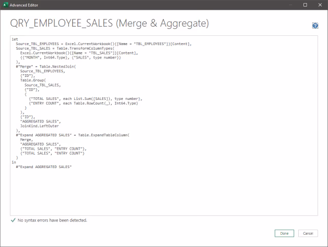 Screenshot of the Advanced Editor displaying the data aggregation query using Merge and Aggregate.