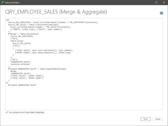 Screenshot of the Advanced Editor displaying the data aggregation query using Merge and Aggregate.