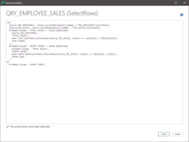 Screenshot of the Advanced Editor displaying the data aggregation query using Table.SelectRows.
