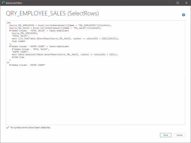 Screenshot of the Advanced Editor displaying the data aggregation query using Table.SelectRows.