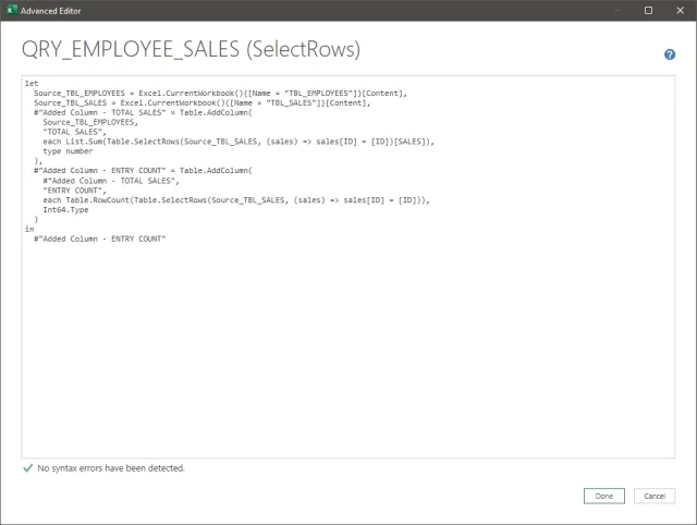 Screenshot of the Advanced Editor displaying the data aggregation query using Table.SelectRows.
