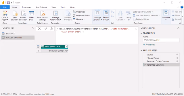 Screenshot of query configuration to retrieve file system properties in Power Query.