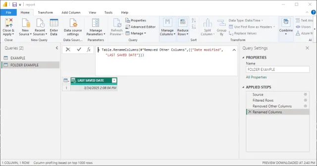 Screenshot of query configuration to retrieve file system properties in Power Query.