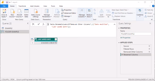 Screenshot of query configuration to retrieve file system properties in Power Query.