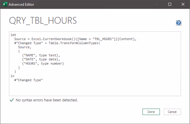 Screenshot of the Advanced Editor displaying the hours table import query.