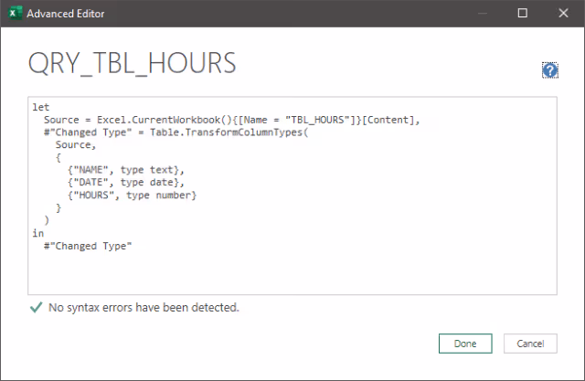 Screenshot of the Advanced Editor displaying the hours table import query.