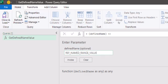Screenshot of the invoke function screen with test values in Power Query.