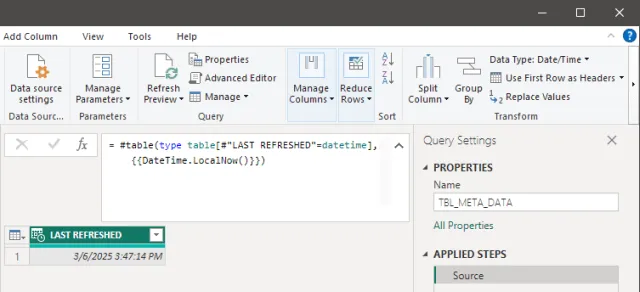 Screenshot of a query to create a new table containing the last refreshed date using the current date and time in Power Query.