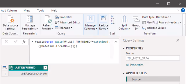 Screenshot of a query to create a new table containing the last refreshed date using the current date and time in Power Query.