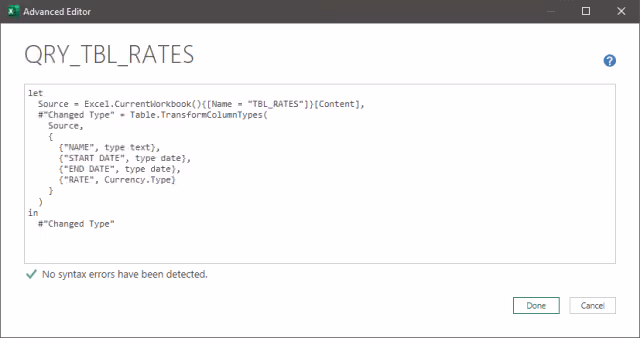 Screenshot of the Advanced Editor displaying the rates table import query.